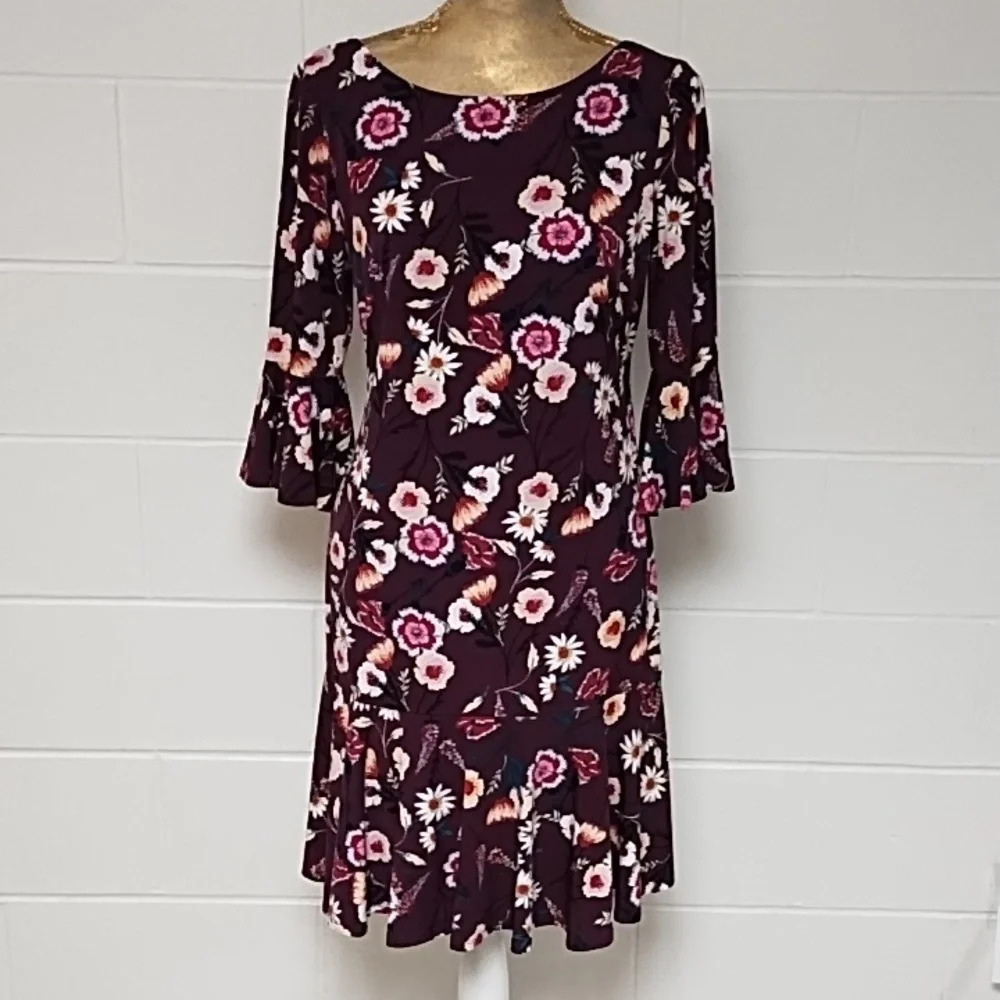 Eliza J Burgundy Plum Floral, Gold Zip Scoop Back, Ruffle 3/4 Sleeve Dress